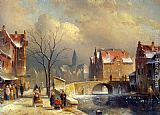 Charles Henri Joseph Leickert Canvas Paintings - Winter Villagers on a Snowy Street by a Canal